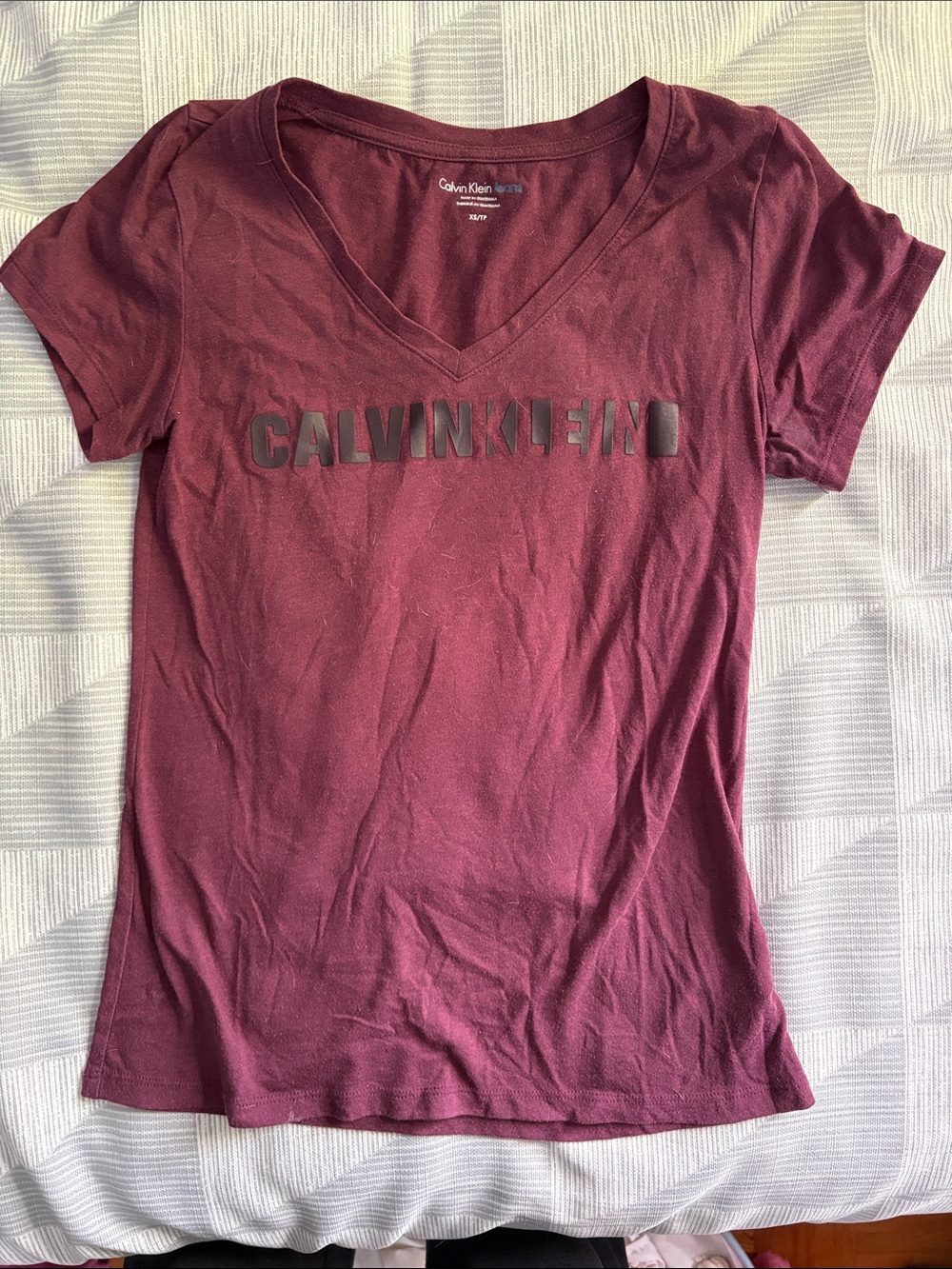 Calvin Klein Women's Deep Wine V-Neck Logo Tee
